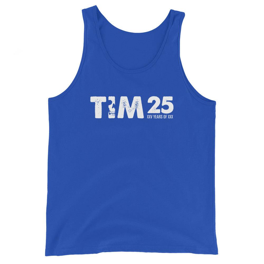 Blue unisex tank top with graphic design, soft and breathable fabric.