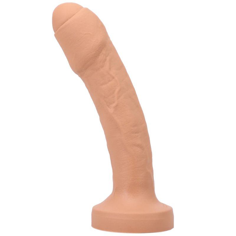 Large Tantus Uncut #1 honey silicone dildo with realistic uncircumcised design and textured surface