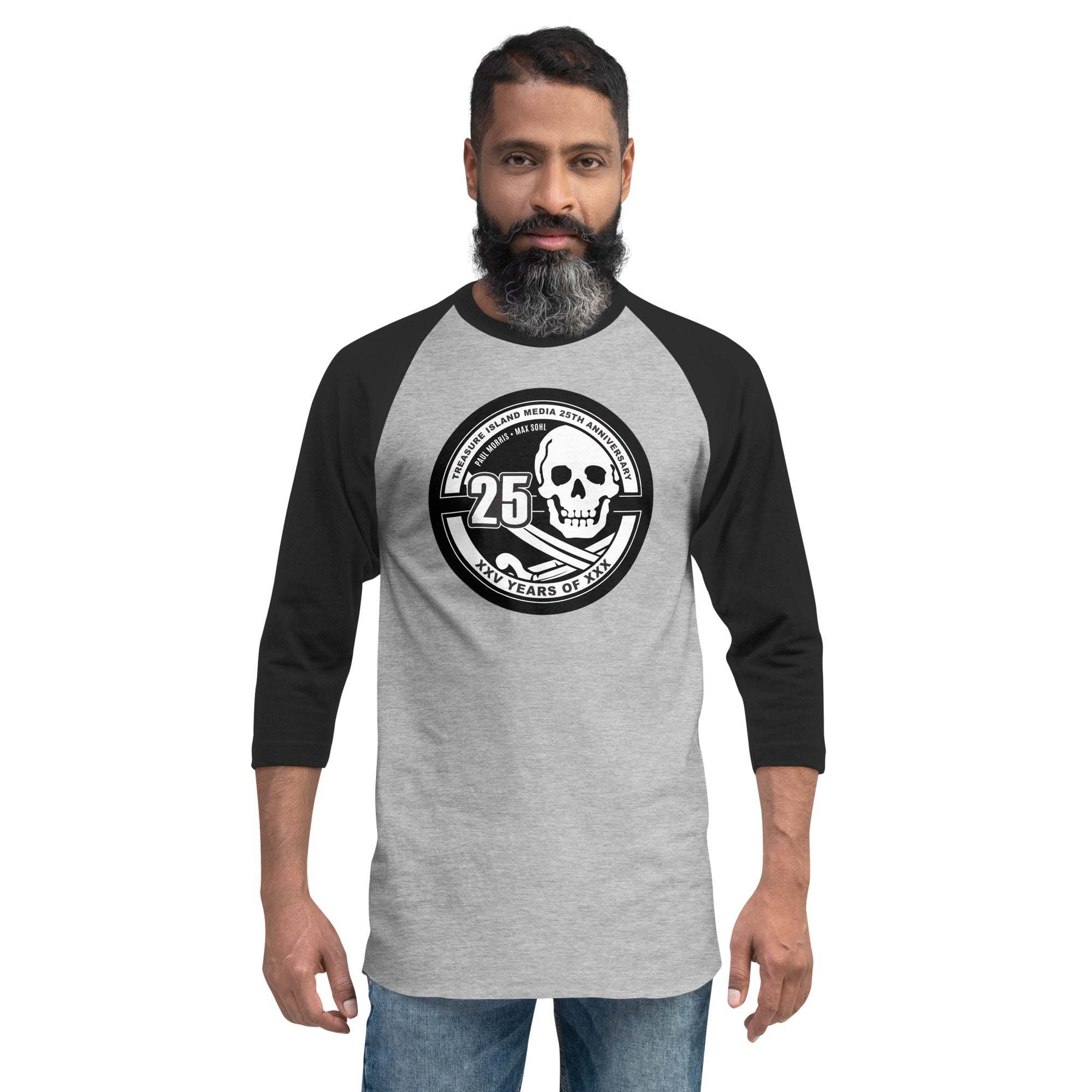 Man wearing TIM 25th Anniversary Circle Logo 3/4 Sleeve Raglan Shirt with black sleeves and skull logo on gray body