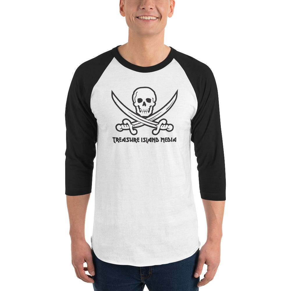 Man wearing Treasure Island Media logo black and white baseball t-shirt with skull and crossed swords design