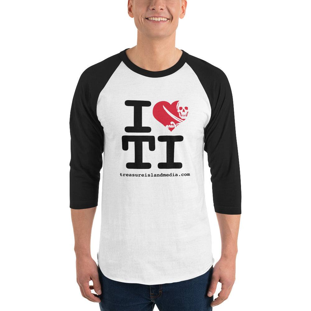 Man wearing I Heart TI Raglan T-Shirt with black sleeves and heart graphic on white body