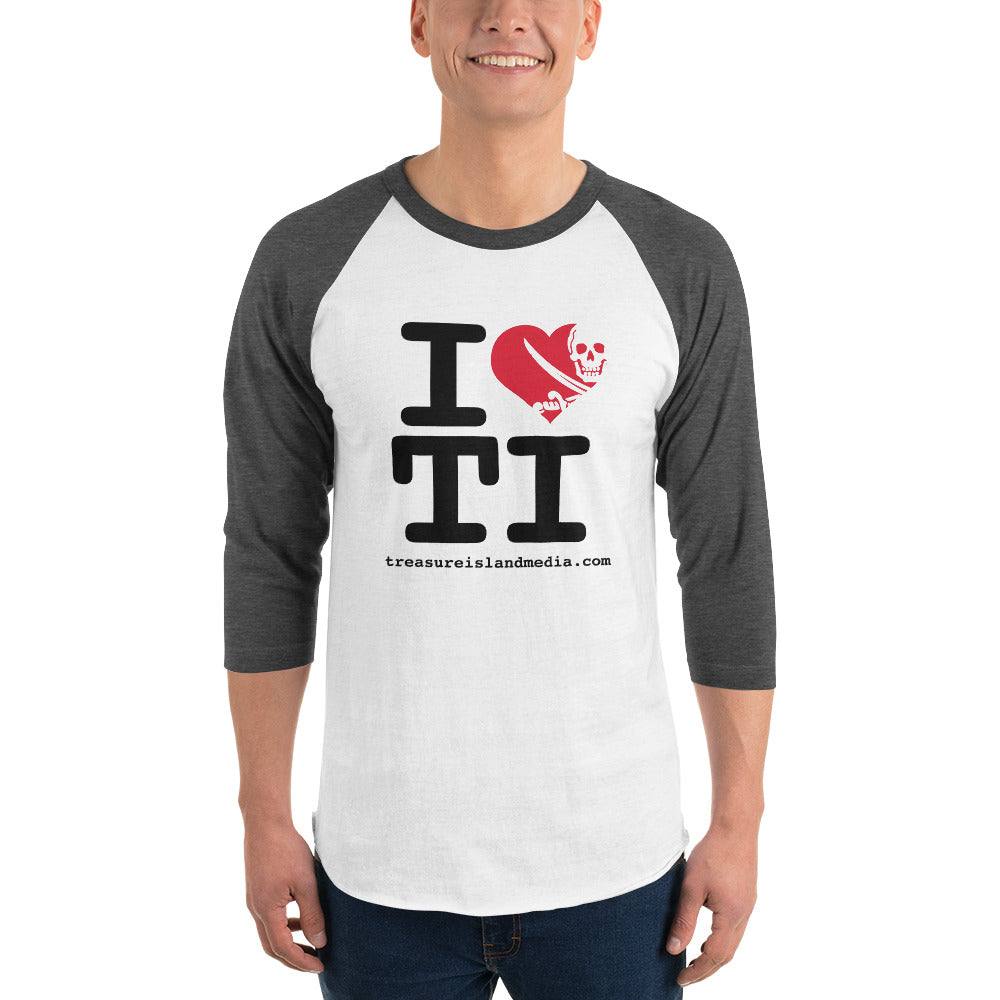 Man wearing I Heart TI raglan t-shirt with black sleeves and a red heart graphic on white background