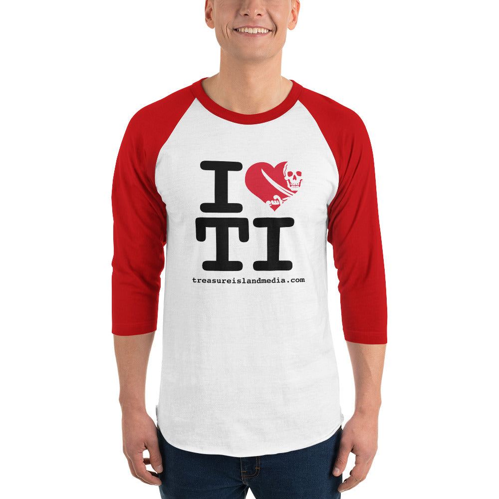 White and red raglan t-shirt with "I Heart TI" graphic featuring a heart and skull design for Treasure Island fans