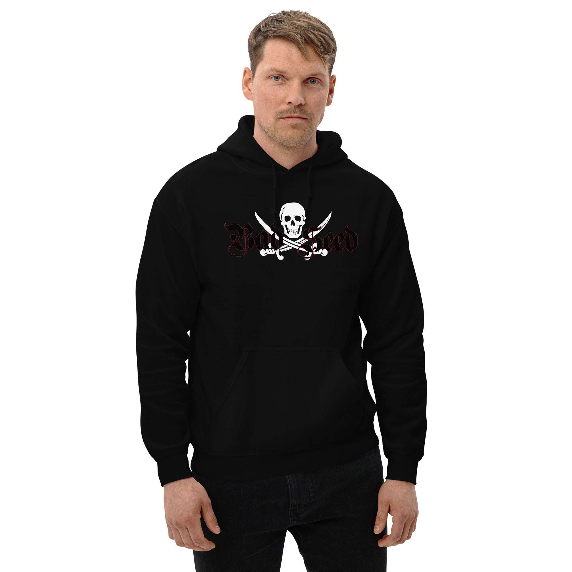 Man wearing black Bad Seed Hoodie from TIM Collection by Treasure Island Media, featuring a bold skull and crossbones design.