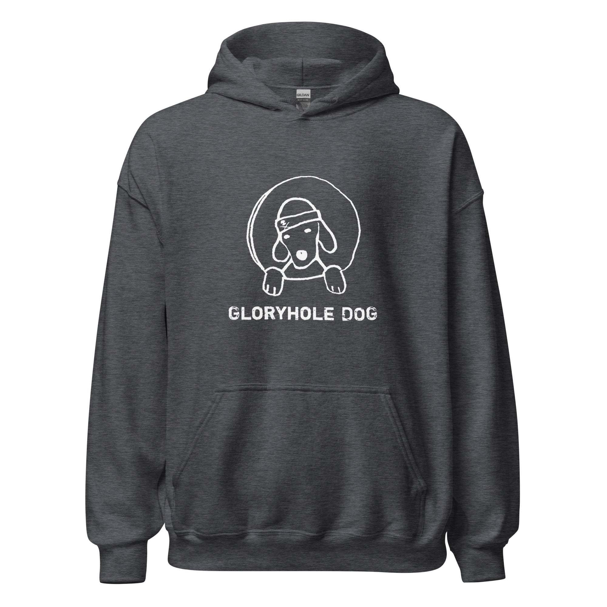 Cozy Gloryhole Dog Hoodie with front pouch, soft cotton-poly blend, matching drawcord.