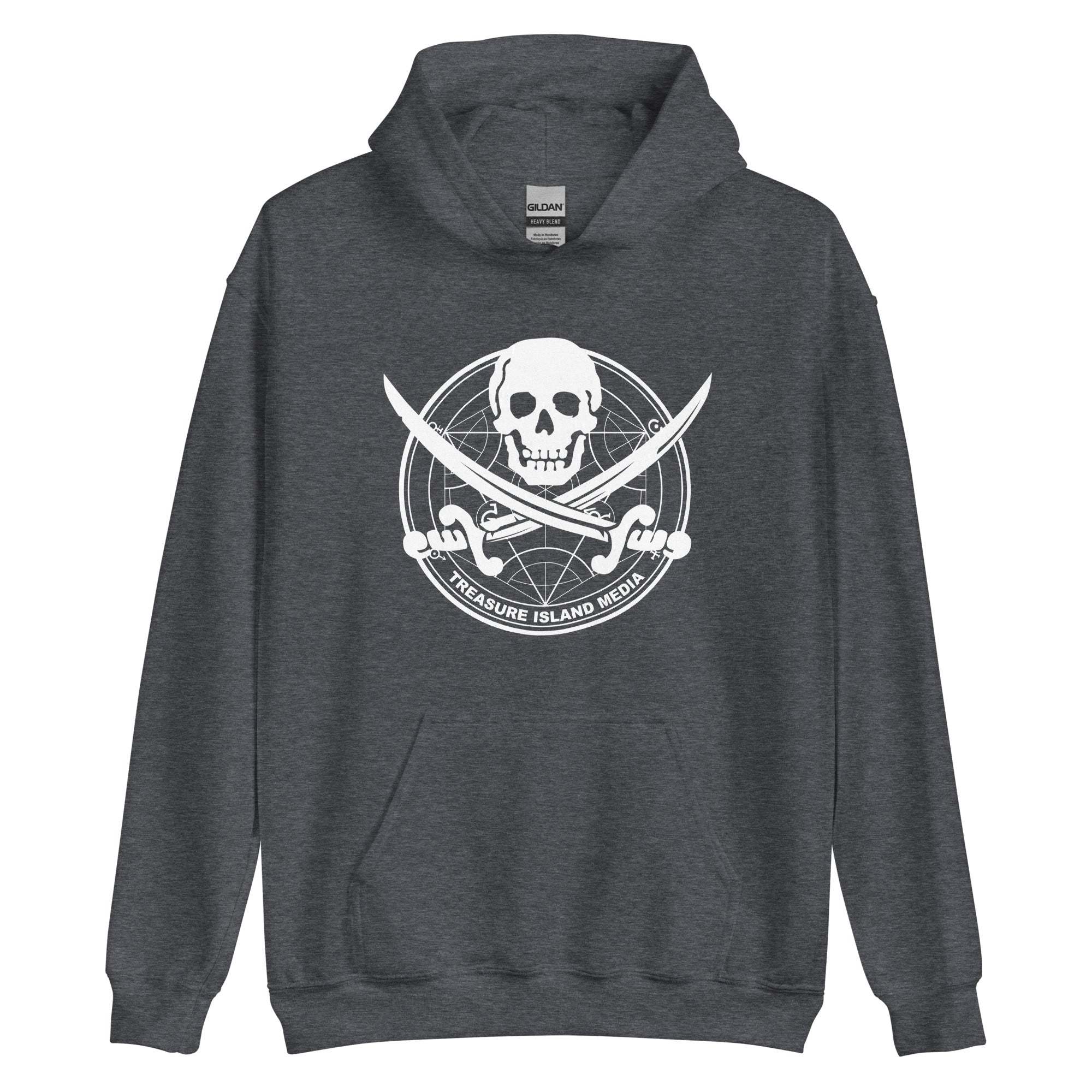 Dark gray "Sextant Hoodie" with skull and crossbones design, featuring a double-lined hood and front pouch pocket.