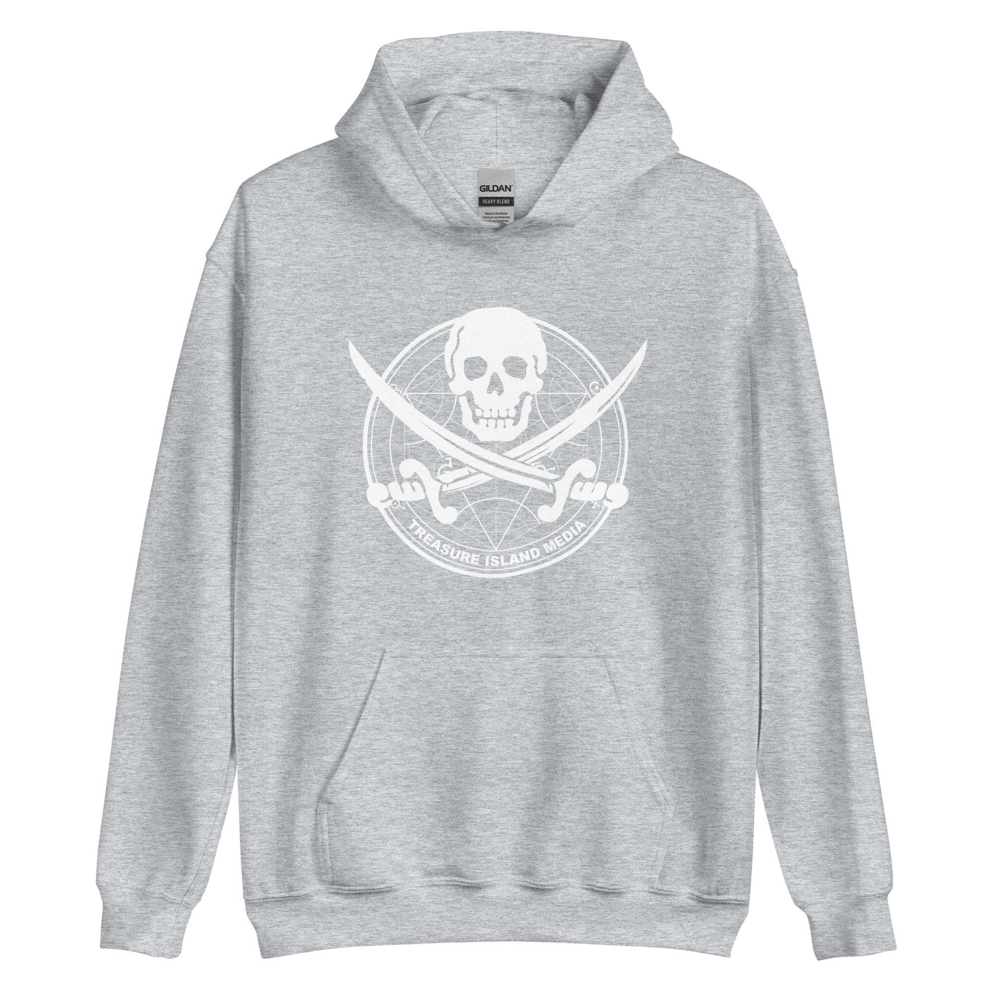 Gray Sextant Hoodie with skull and crossed swords design, featuring a soft, smooth fabric blend, perfect for cooler weather.