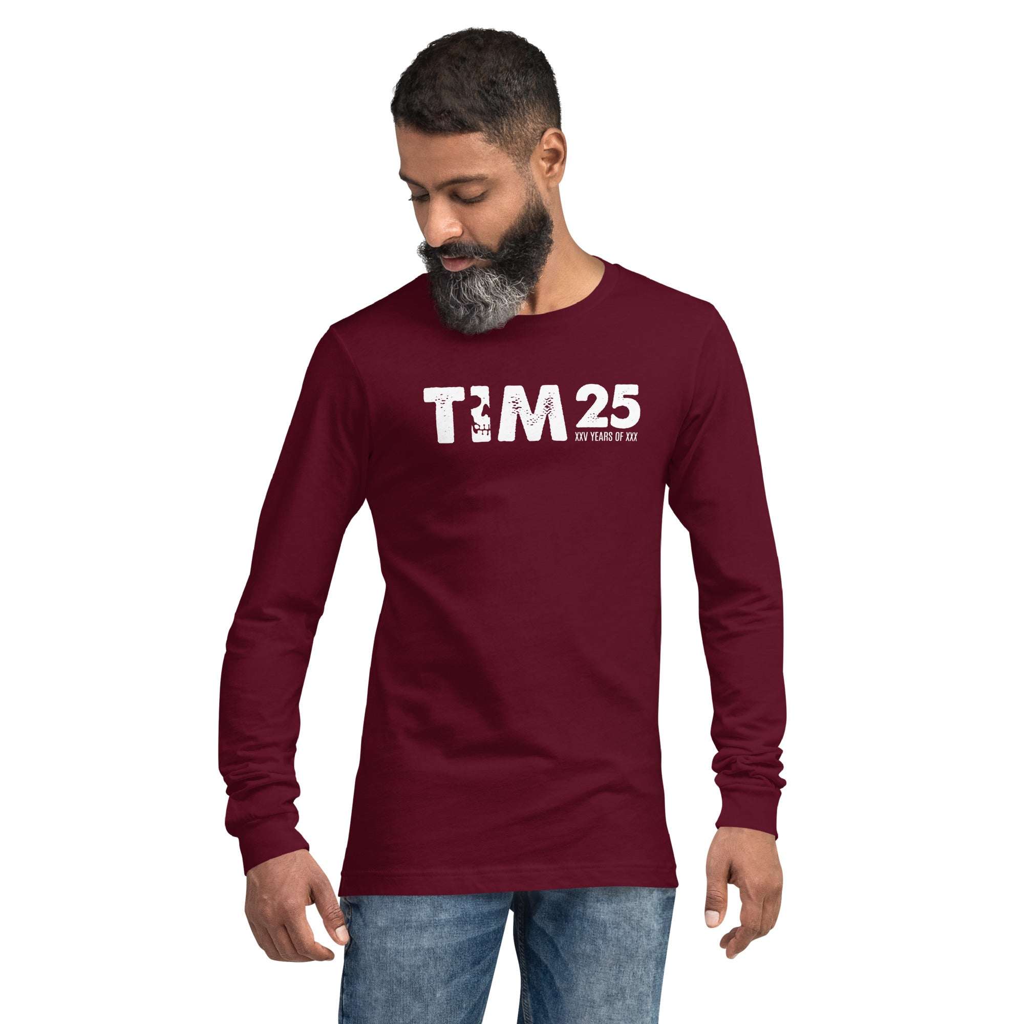 TIM 25th Anniversary Long Sleeve Tee in maroon commemorating 25 years of TIM's service.