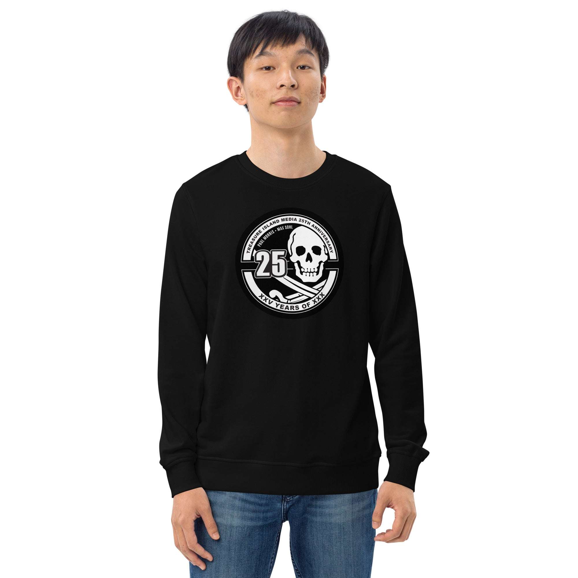 Man wearing black Tim 25th Anniversary organic crew neck sweatshirt with skull logo on front