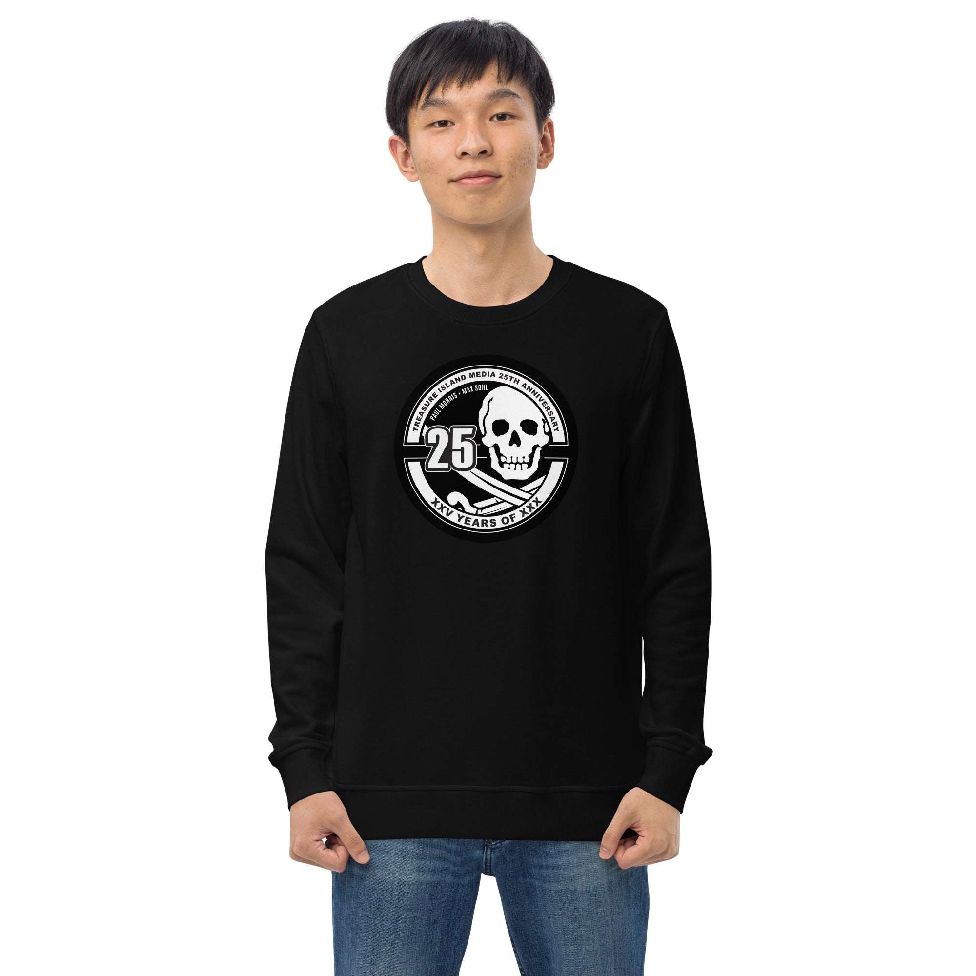 Black Tim 25th Anniversary organic cotton crew neck sweatshirt with skull logo on chest worn by male model