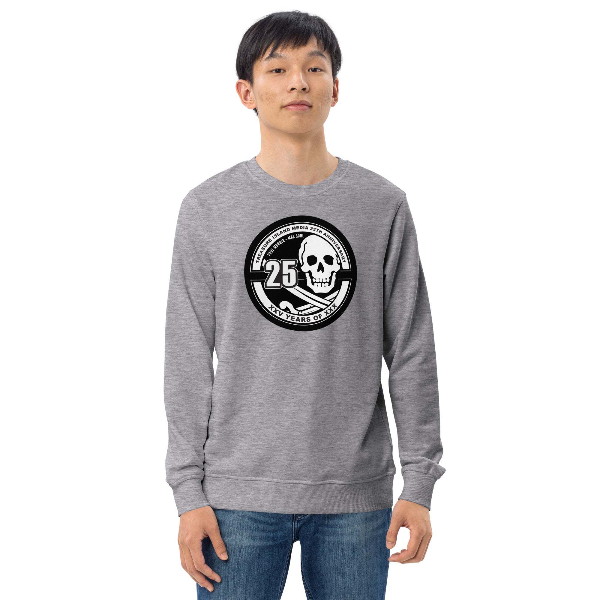 Tim 25th Anniversary organic cotton crew neck sweatshirt with skull logo design in gray