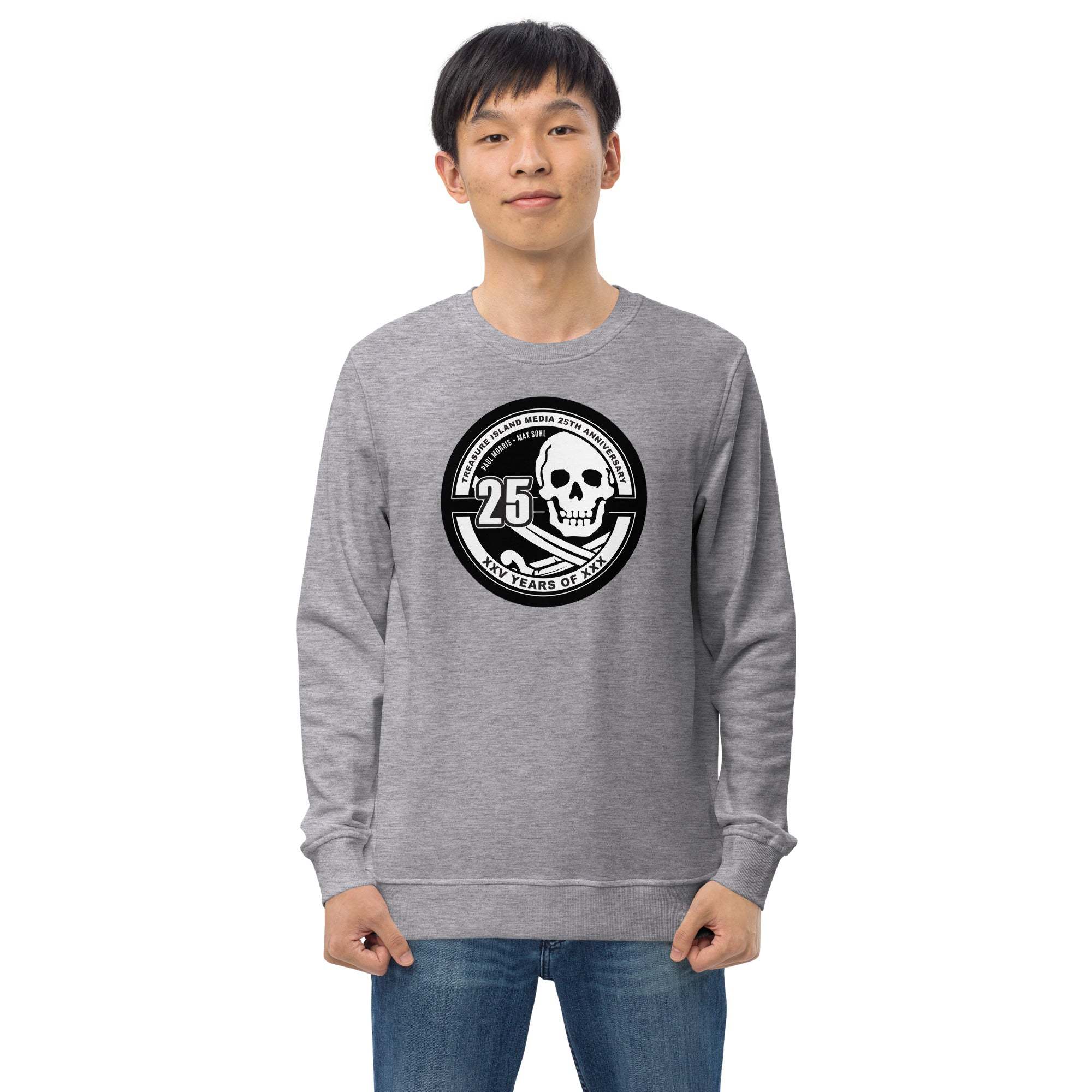 Man wearing Tim 25th Anniversary organic crew neck pullover sweatshirt in gray with skull logo design.