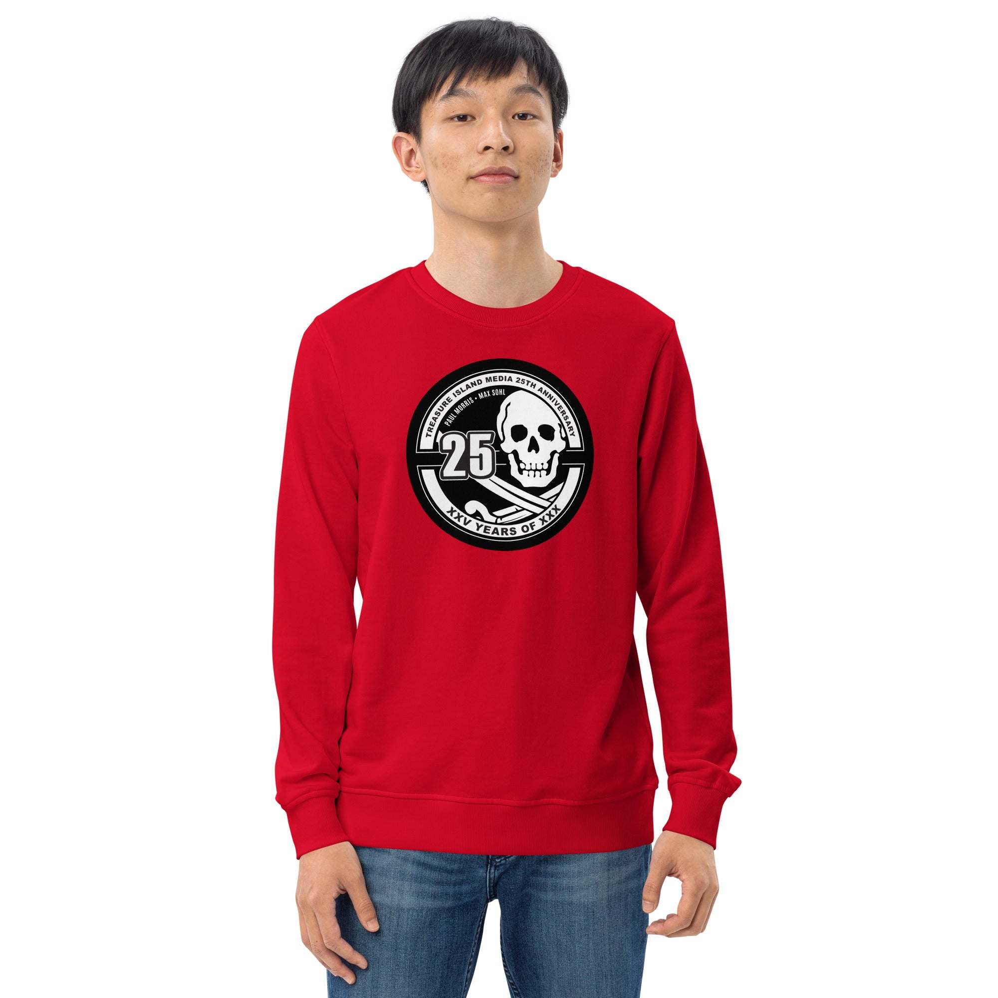 Man wearing red Tim 25th Anniversary crew neck sweatshirt with skull logo and "25" text, paired with blue jeans
