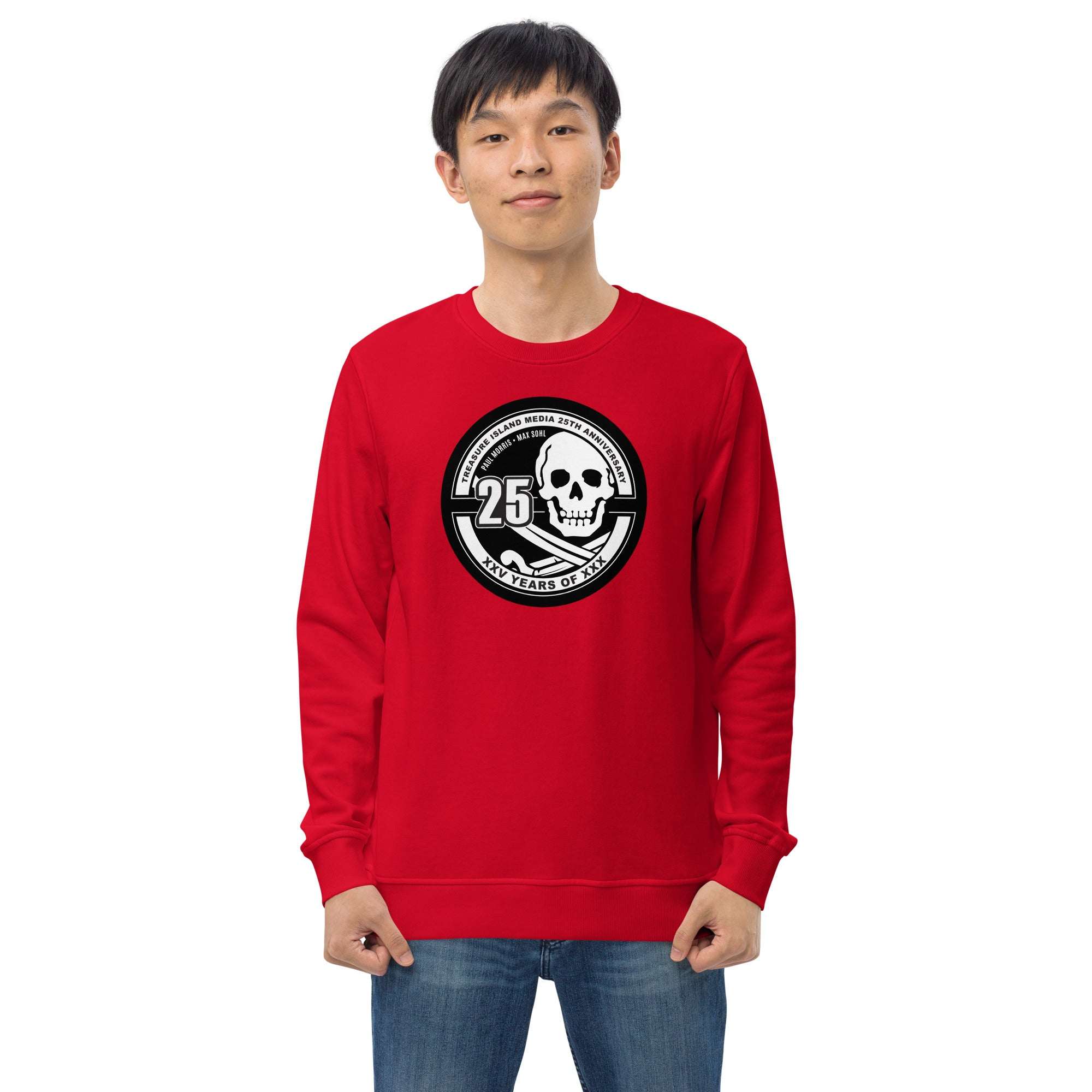 Tim 25th Anniversary red crew neck sweatshirt with skull logo on chest, organic cotton, unisex casual pullover