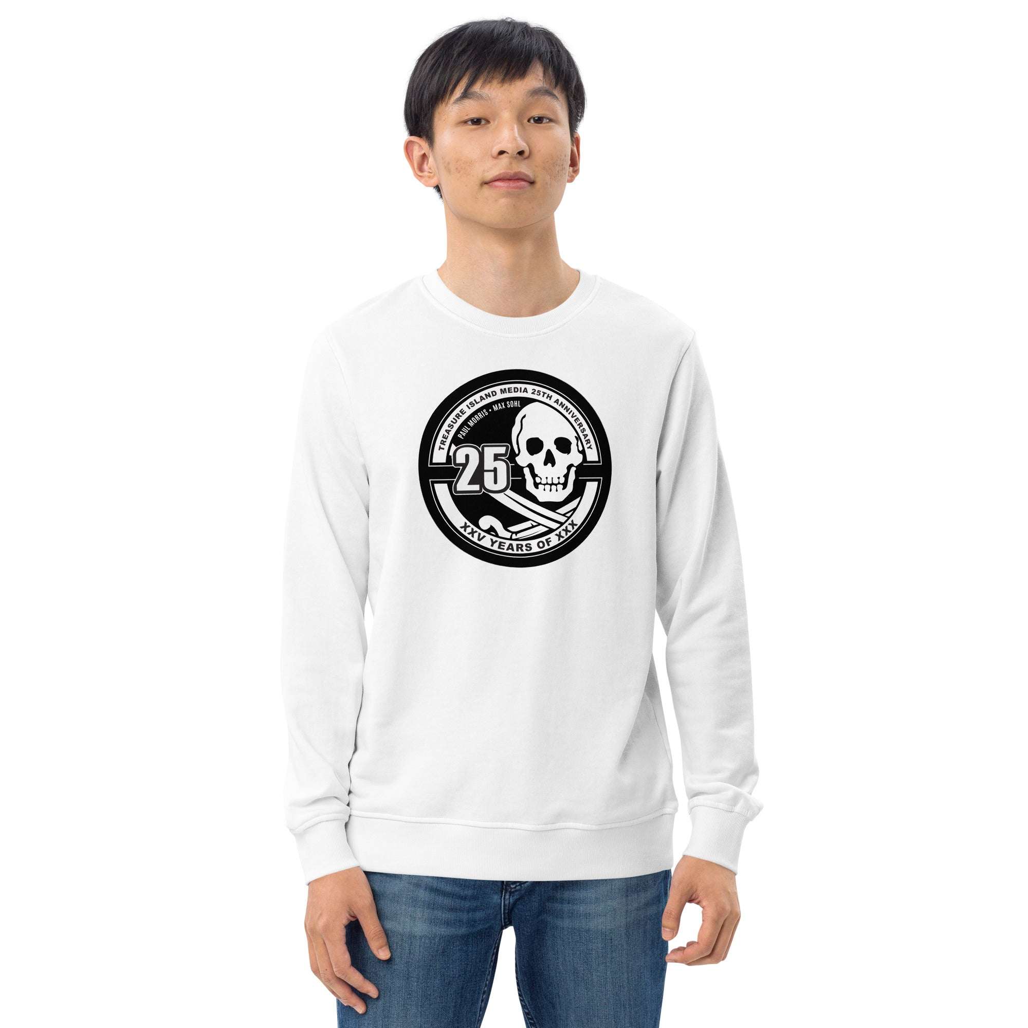 White Tim 25th Anniversary crew neck sweatshirt with skull logo worn by male model