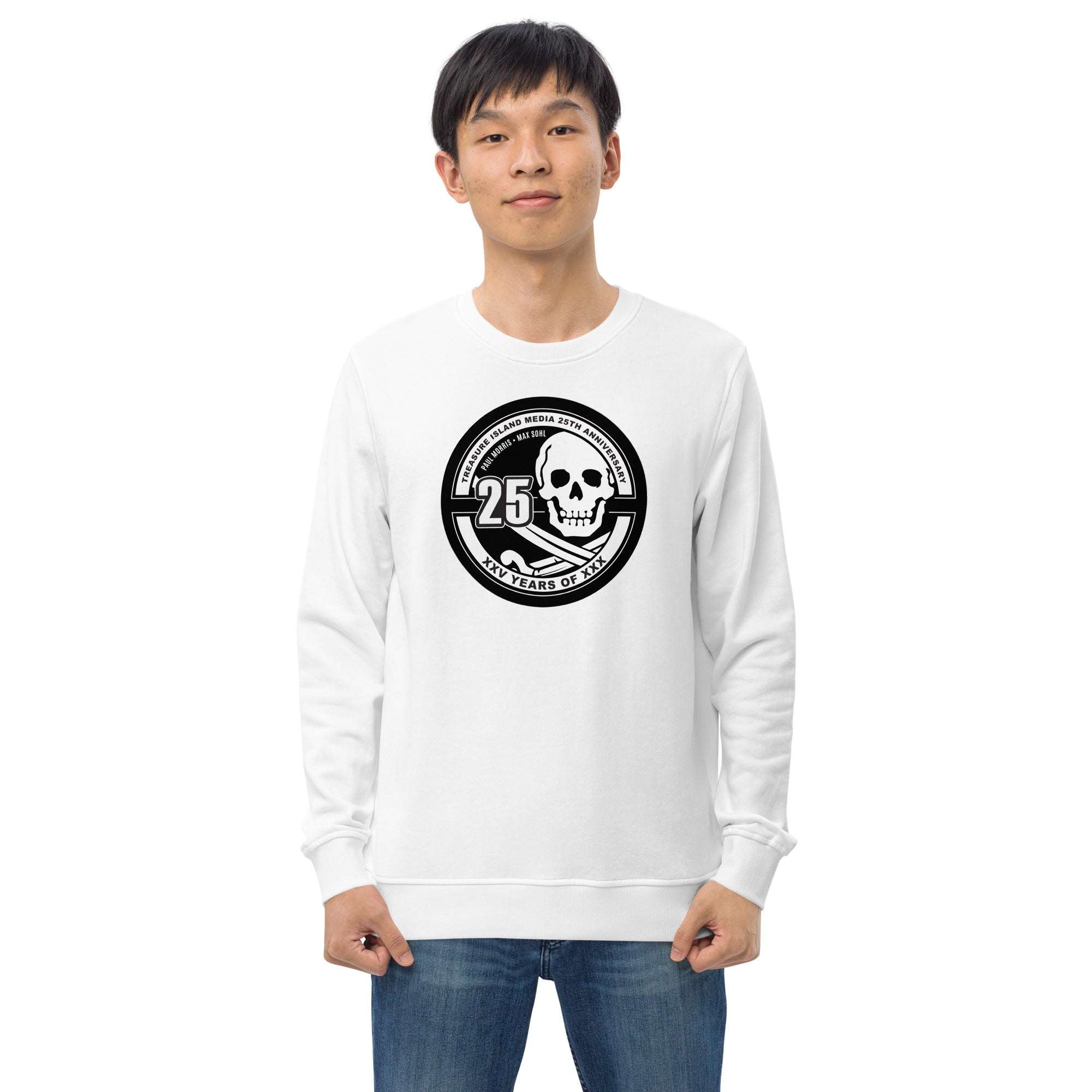 Man wearing white Tim 25th Anniversary organic crew neck sweatshirt with black skull logo on chest