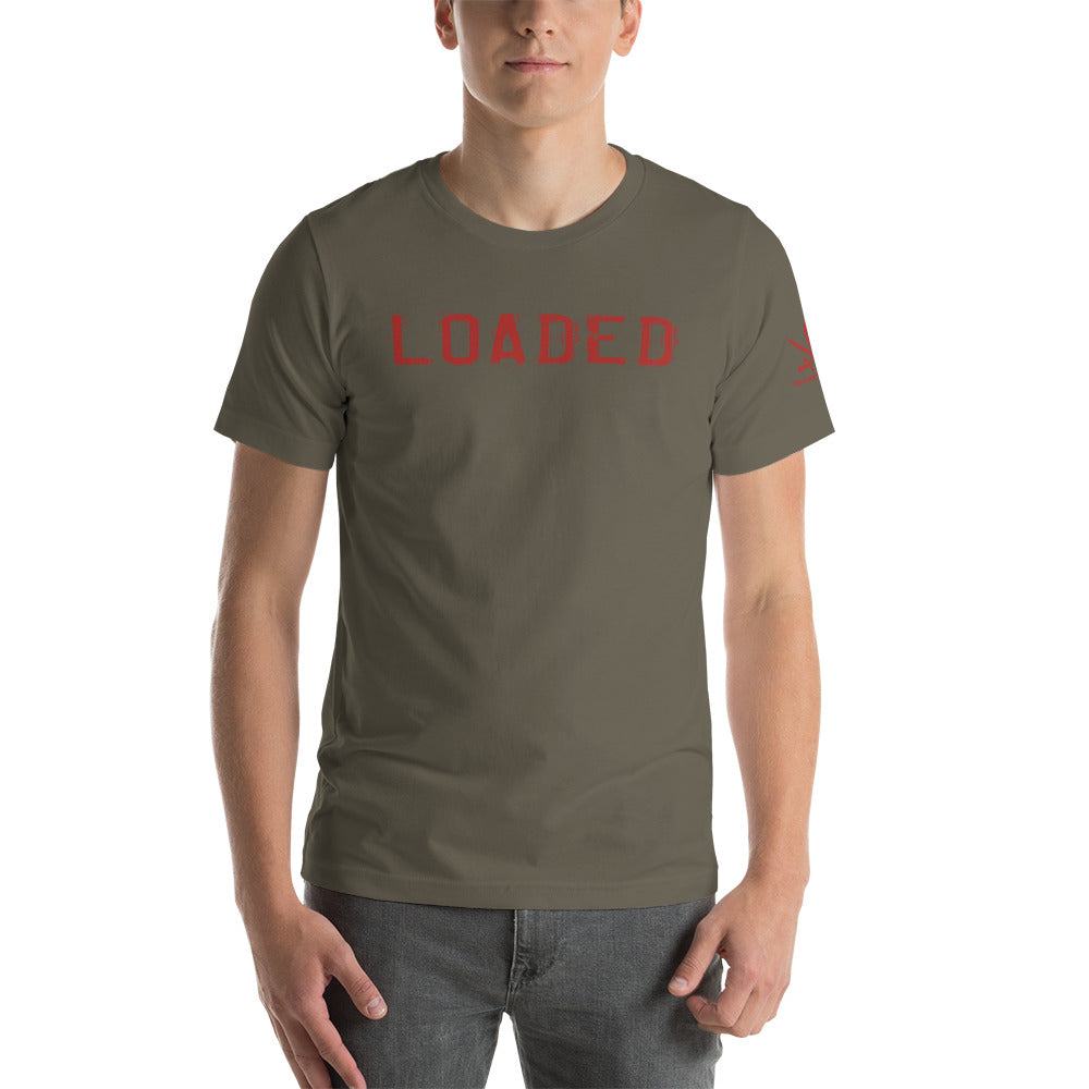 Men's Loaded T-Shirt from TIM Collection in olive green, featuring bold red logo, perfect for casual style.