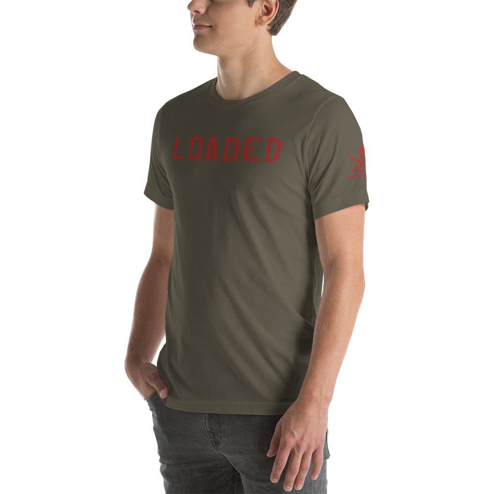 Loaded T-Shirt from TIM Collection in olive, red lettering.