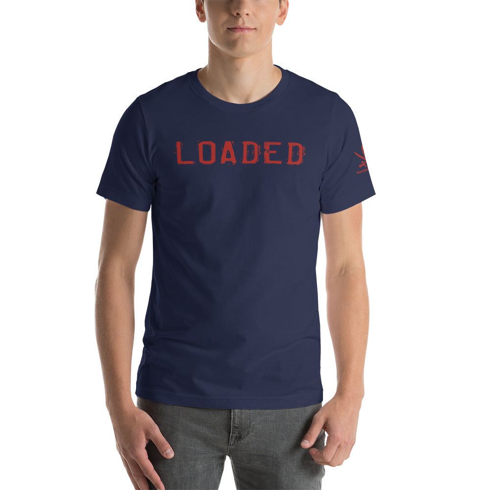 Loaded T-Shirt from TIM Collection, navy blue with red logo.