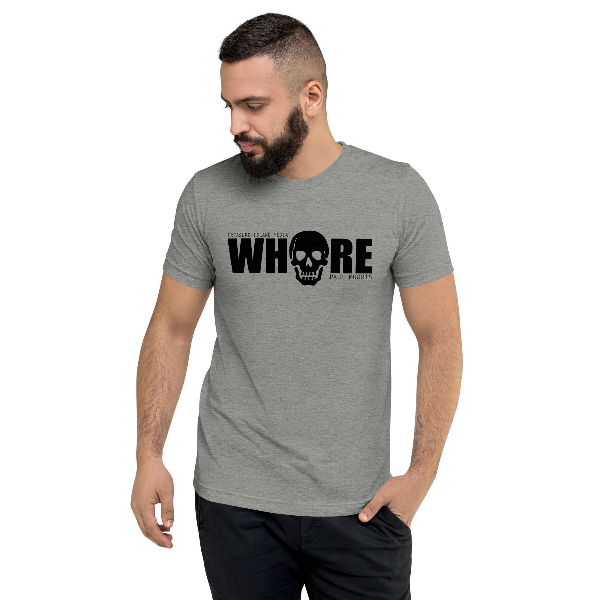 Edgy TIM Whore T-shirt with bold graphic print, casual fit.