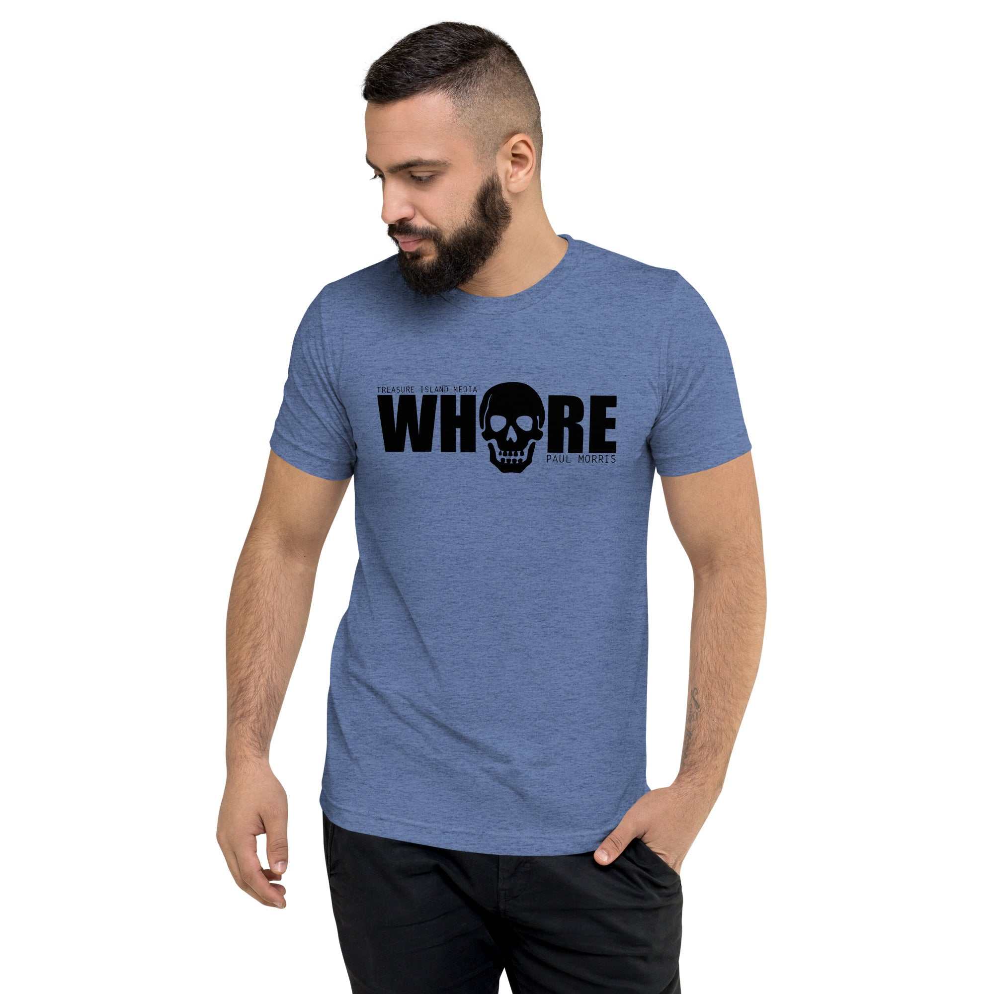 Man wearing TIM Whore T-shirt with graphic print logo, blue color.