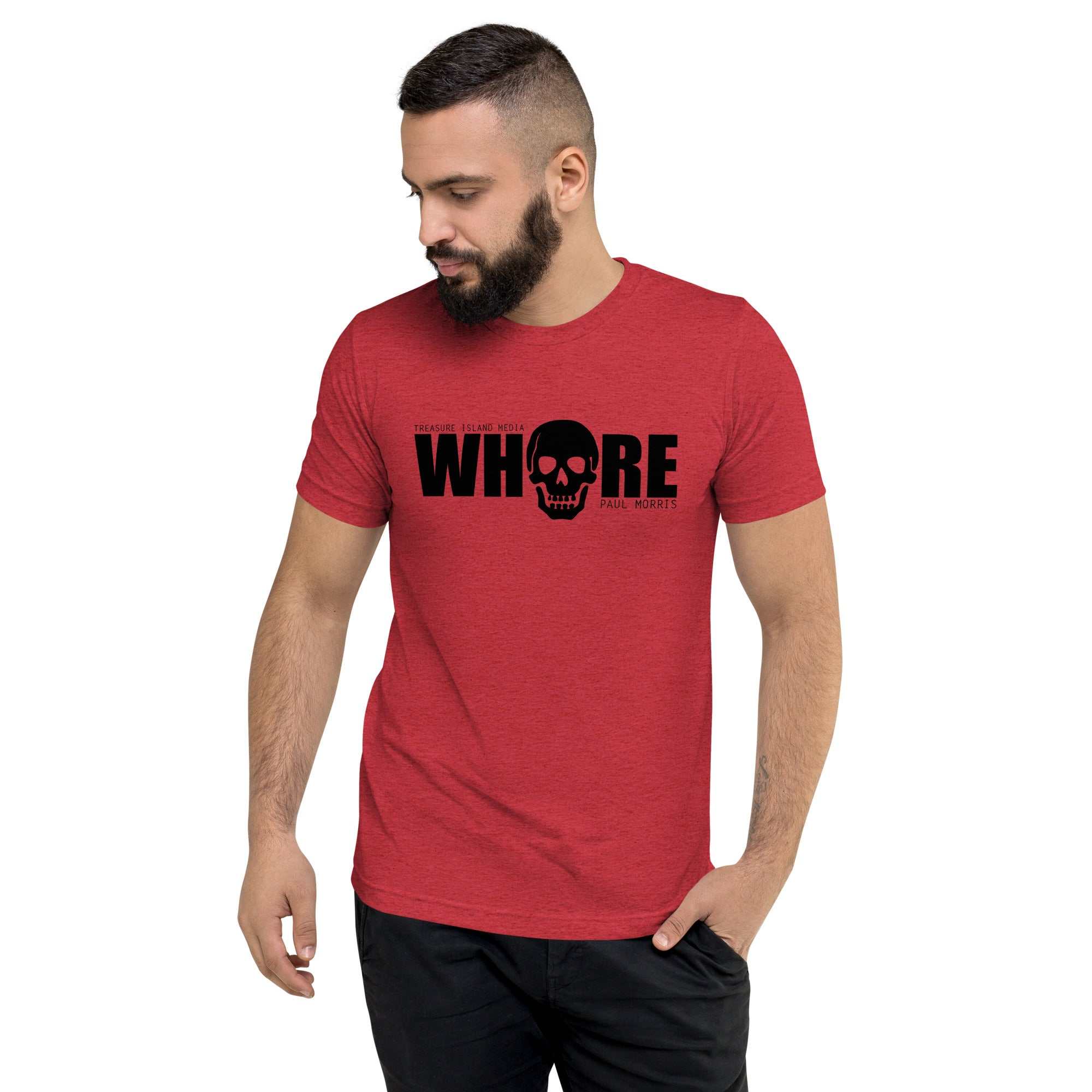 Red T-shirt featuring bold TIM Whore graphic with modern design.