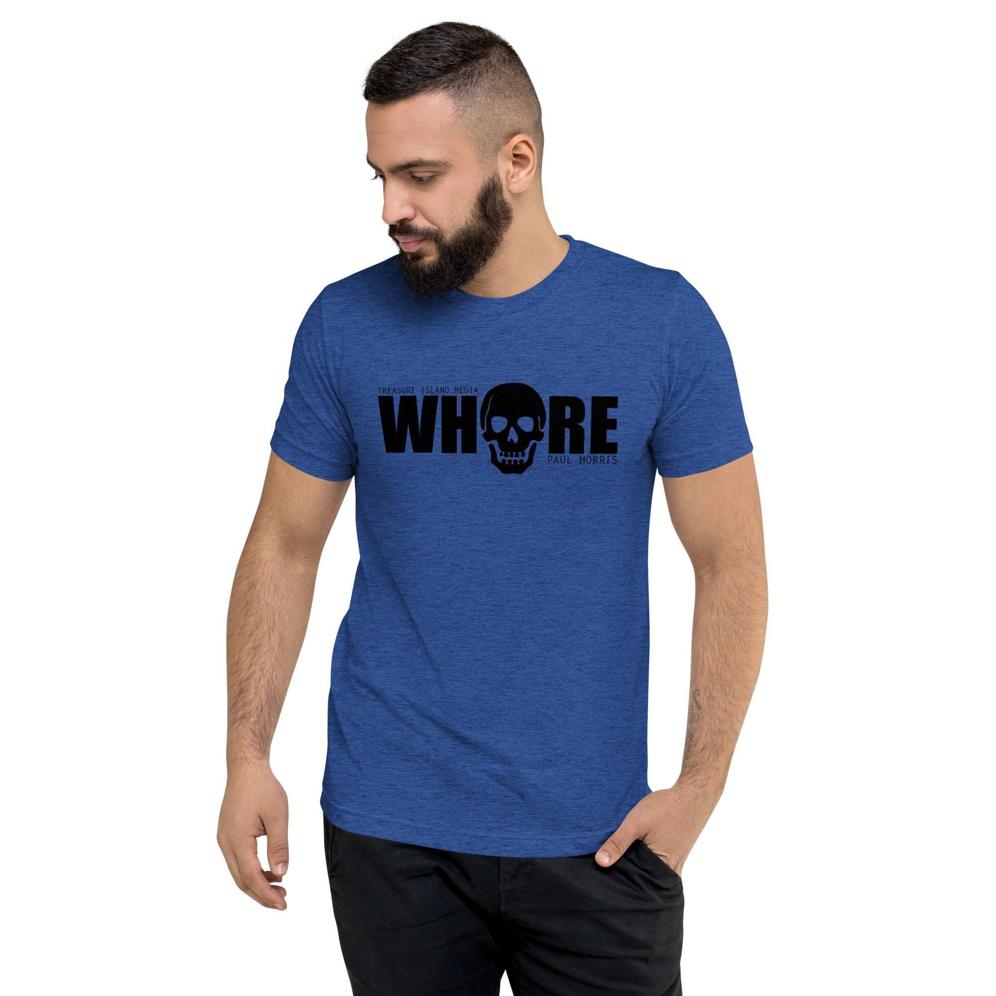 Blue TIM Whore T-shirt with bold skull graphic, relaxed fit.