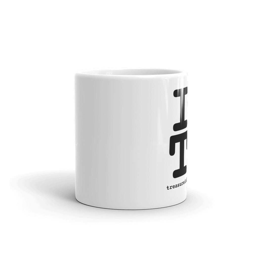 White ceramic "I Heart TI" mug with bold red heart and Texas Instruments logo, perfect for tech lovers.
