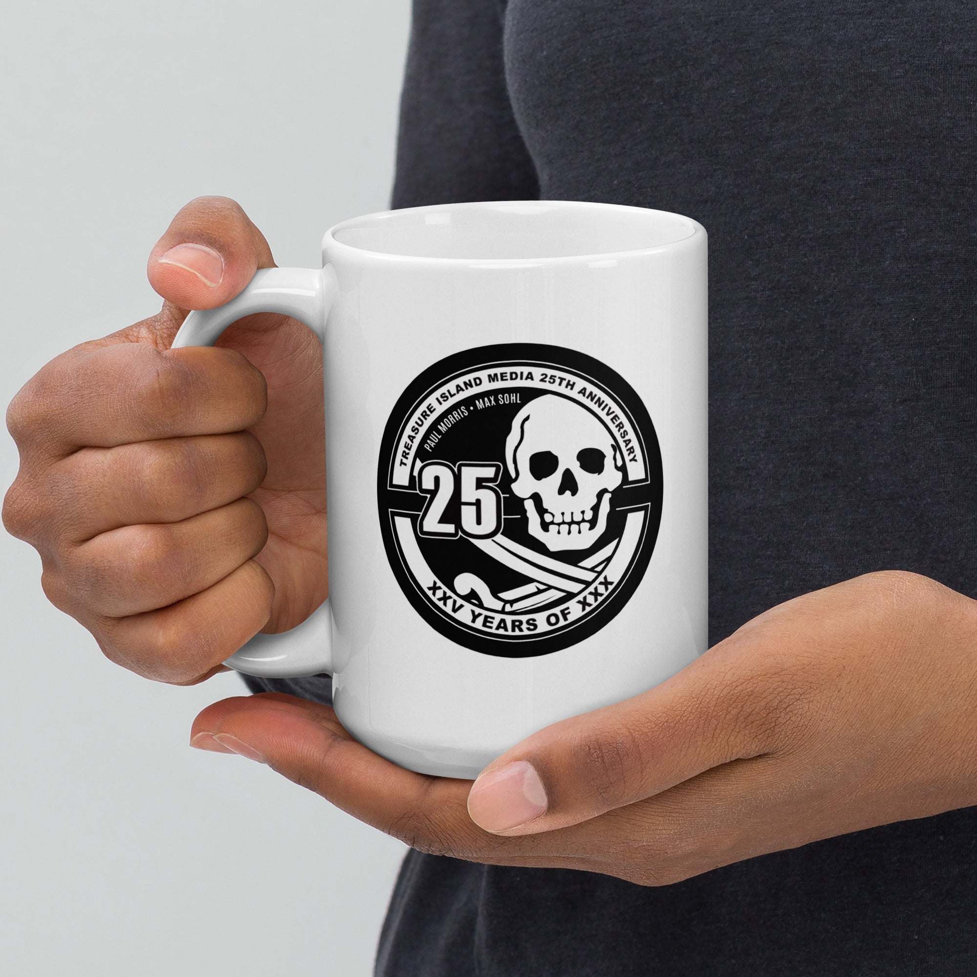 TIM 25th Anniversary Mug with logo and sleek design, high-quality ceramic, microwave and dishwasher safe.