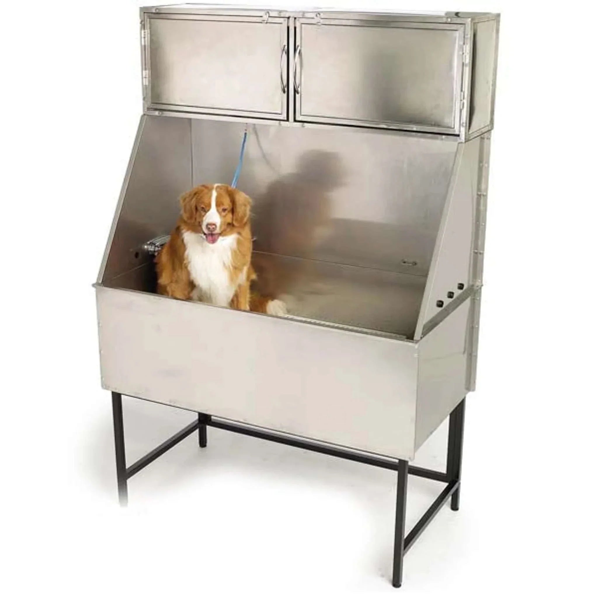 ME Deluxe stainless steel overhead tub cabinet with storage compartments and dog inside basin