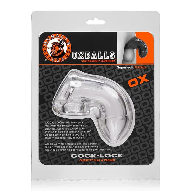 OxBalls Cock-Lock, clear chastity device in packaging.