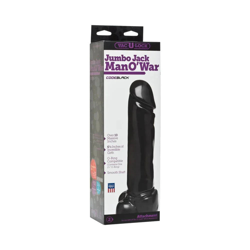 Vac-U-Lock Jumbo Jack Man O War in black with flexible shaft, 9.5-inch total length, 2-inch width, phthalate-free PVC.