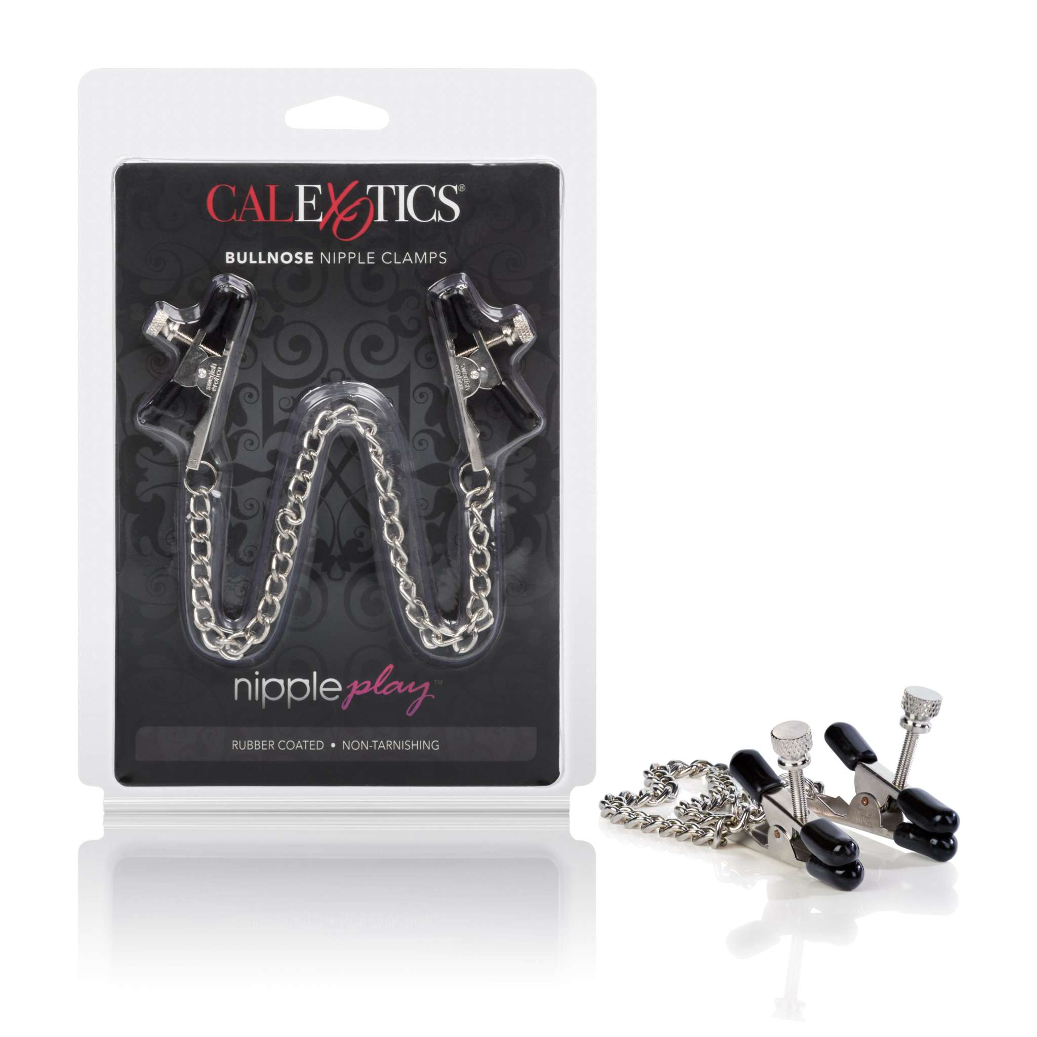 Nipple Play Bull Nose Nipple Clamps with adjustable tension and non-tarnishing rubber-coated metal design in packaging and out.