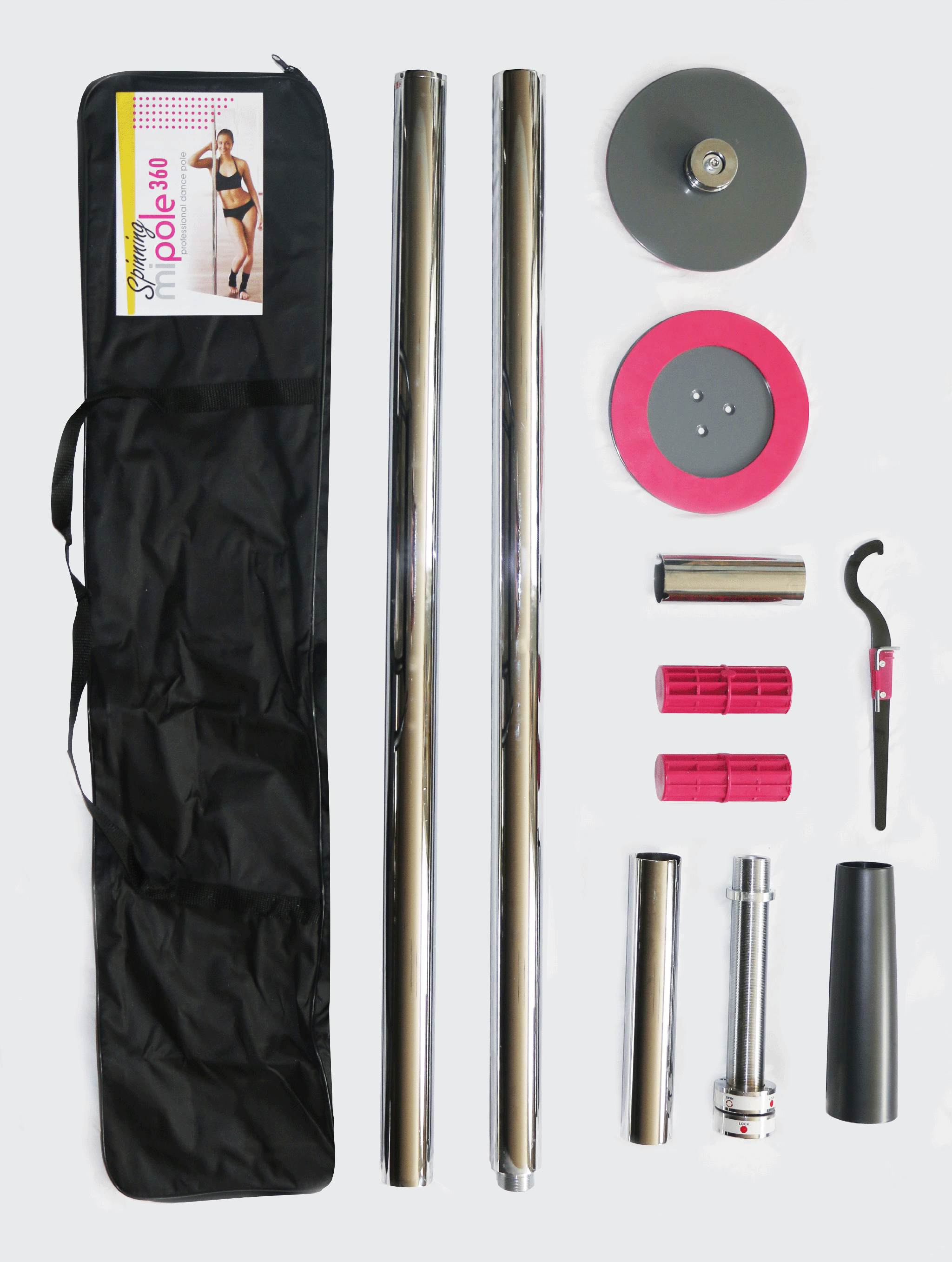 Mipole 360 Spinning professional dance pole kit with portable carry bag and assembly components laid out on white background