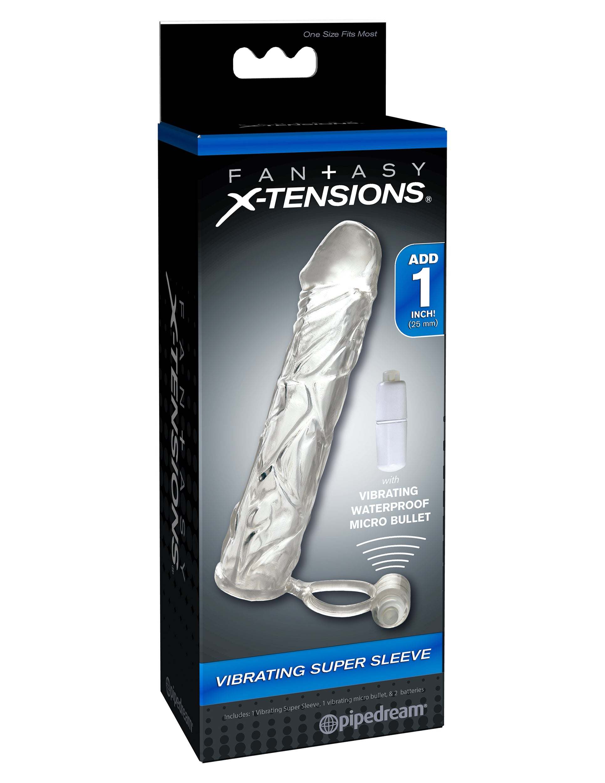 Fantasy X-Tensions Vibrating Super Sleeve in clear packaging with added girth and length features.