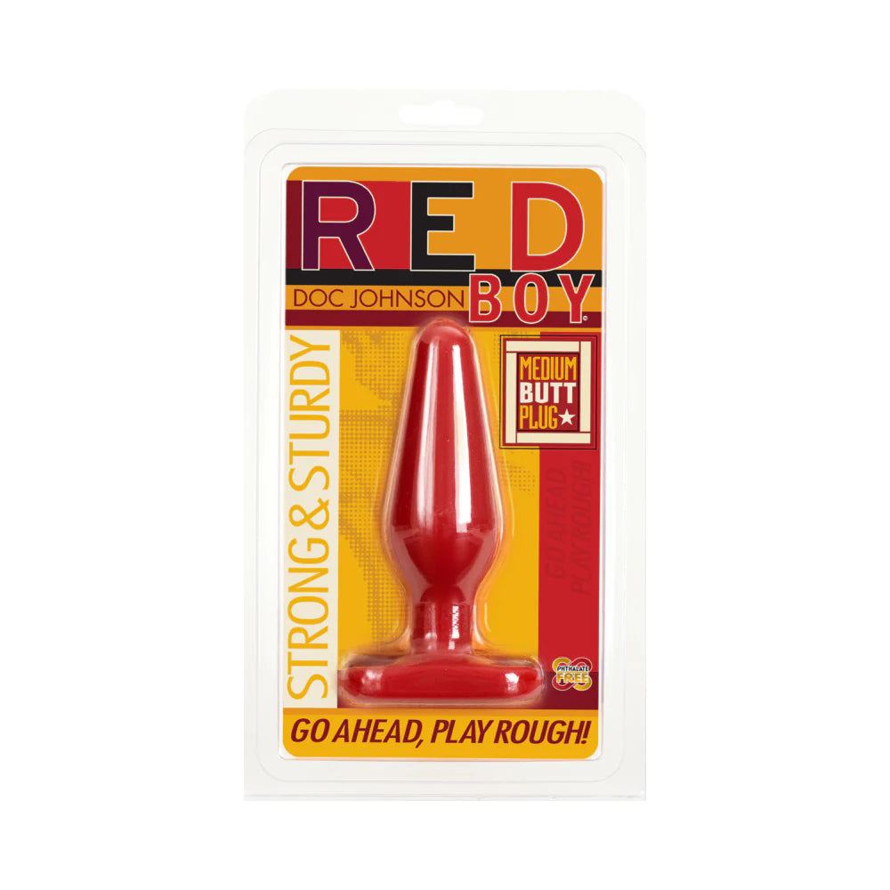 Red Boy Medium Red butt plug in packaging with vibrant color and tapered design.