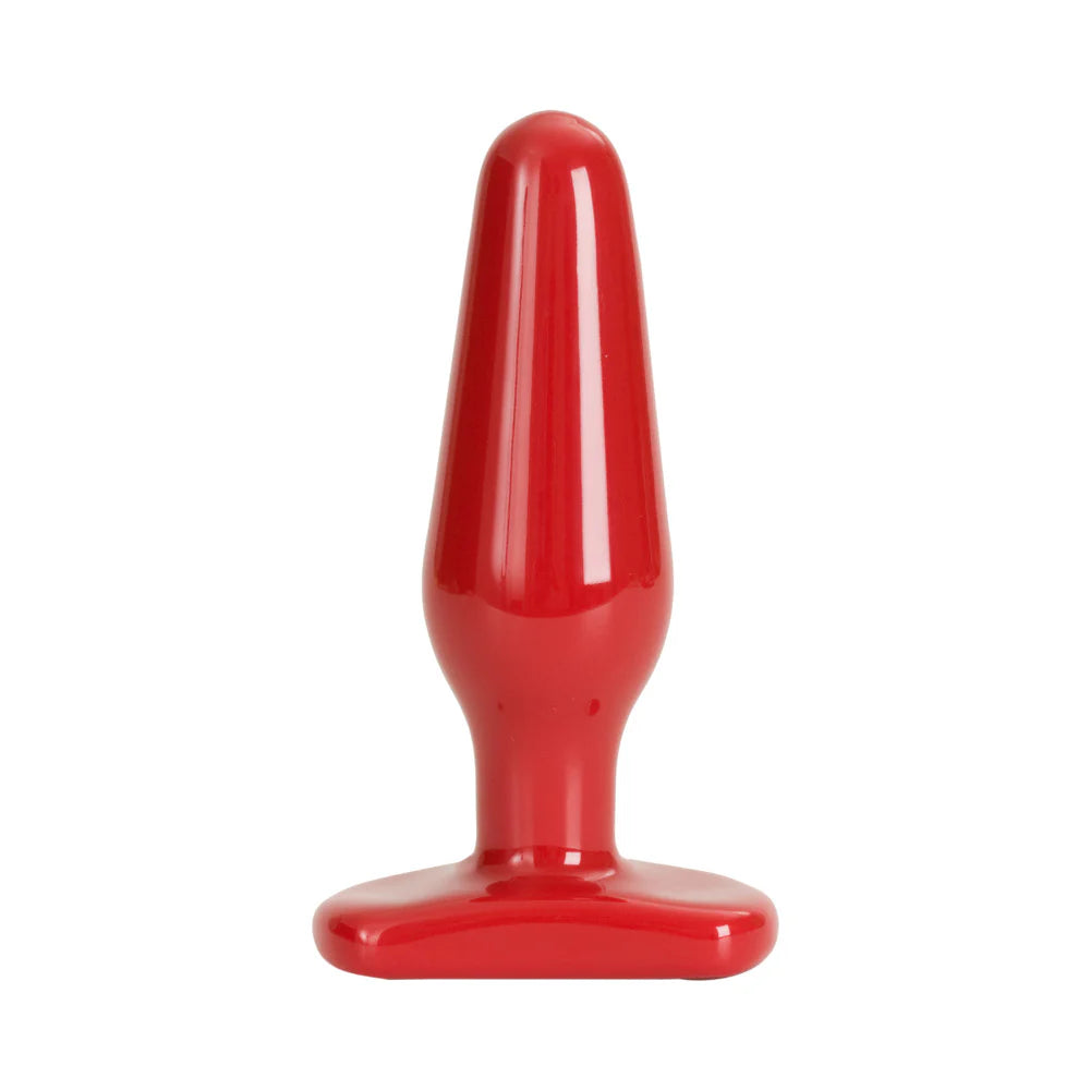 Medium red butt plug with tapered tip and wide base for safety and easy retrieval, high-quality material.