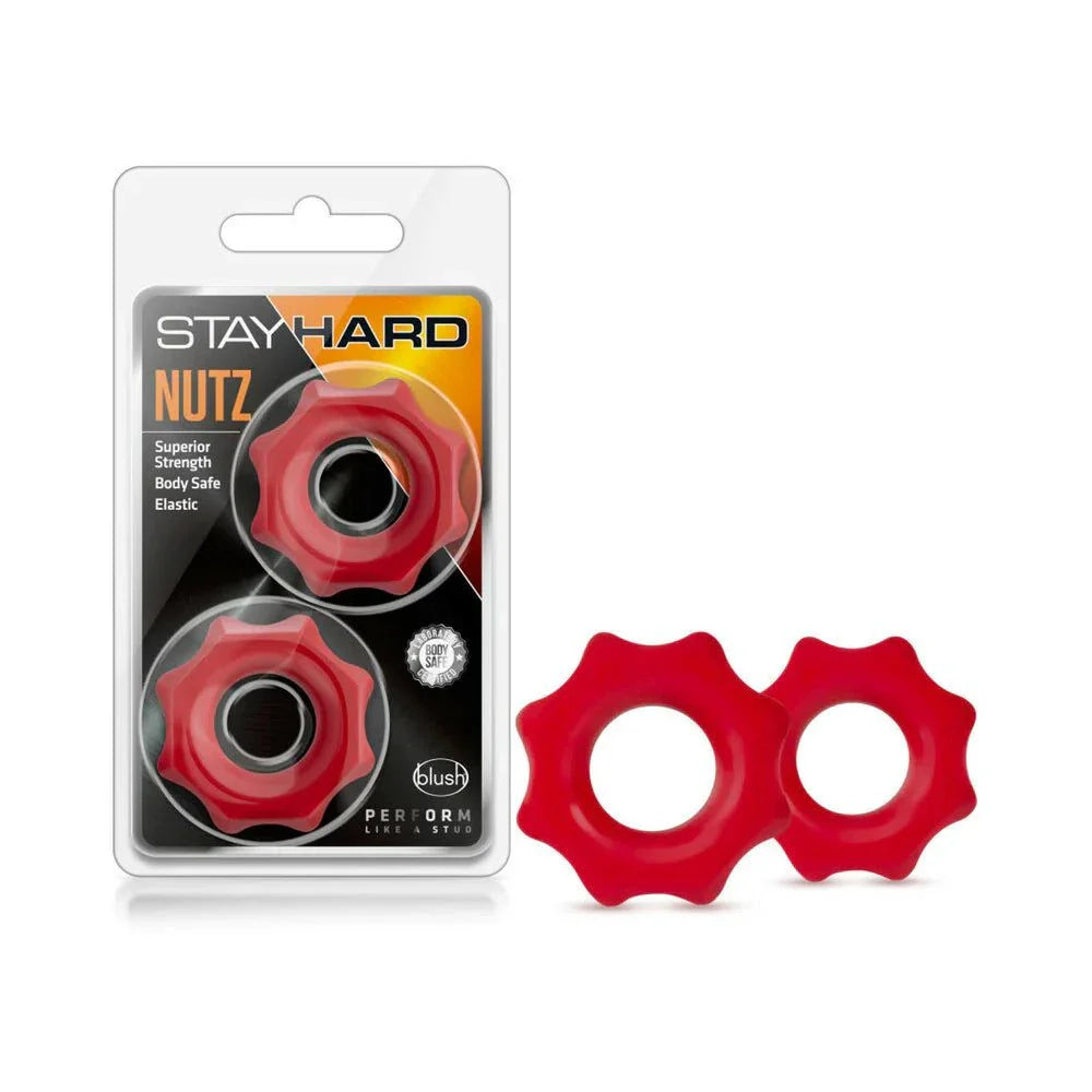 Stay Hard Nutz Cockring 2-pack in red made from soft, stretchy, body-safe elastomer for stamina and stronger erections