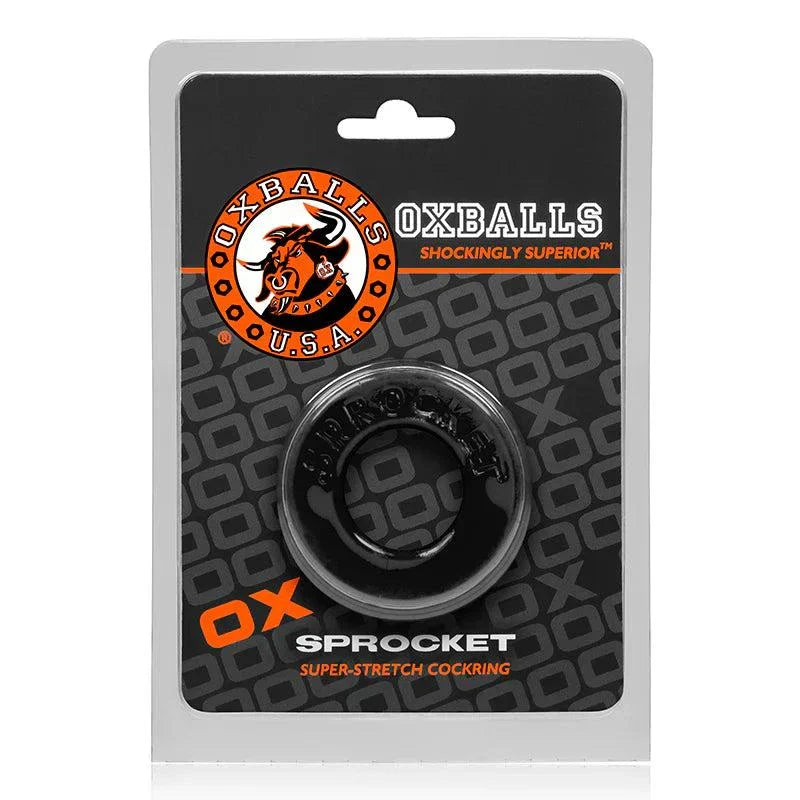 OxBalls Sprocket black soft super-stretch cockring with 2.75 inch inside circumference in retail packaging