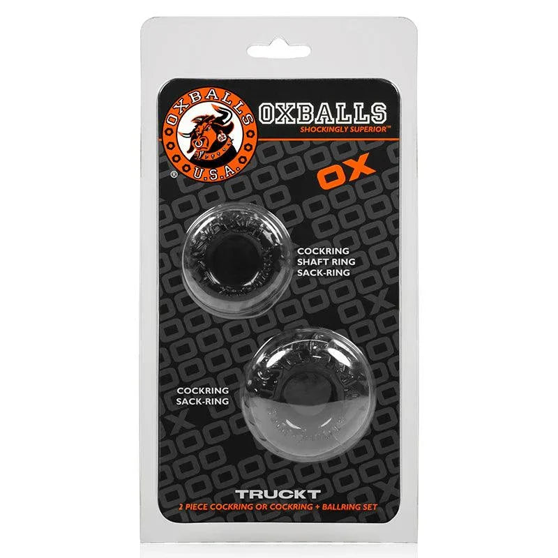 OxBalls Truckt black Stretchable cockring and sackring set made of super-strong Skinflex-TPR with two sizes for versatile fit