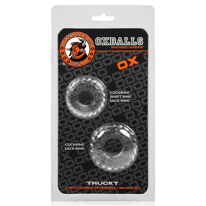 Clear OxBalls Truckt cockring and sackring set made of super-strong Skinflex-TPR with two sizes.