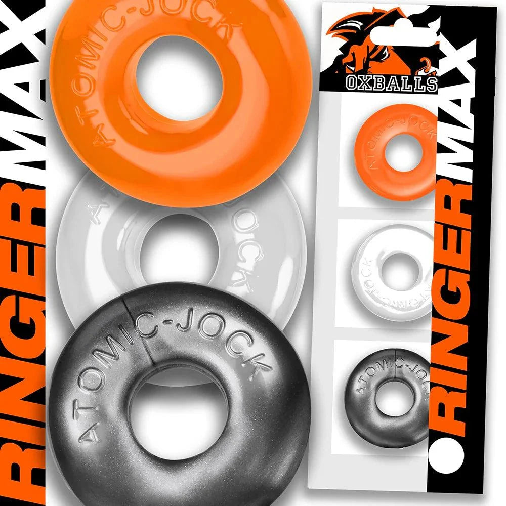 OxBalls Ringer Max 3-pack cock rings in orange, white, and black with a tapered design for enhanced performance and comfort