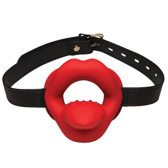 Vibrating Sissy Mouth Gag with red silicone lips, textured tongue, and adjustable black strap for comfortable, waterproof oral play stimulation