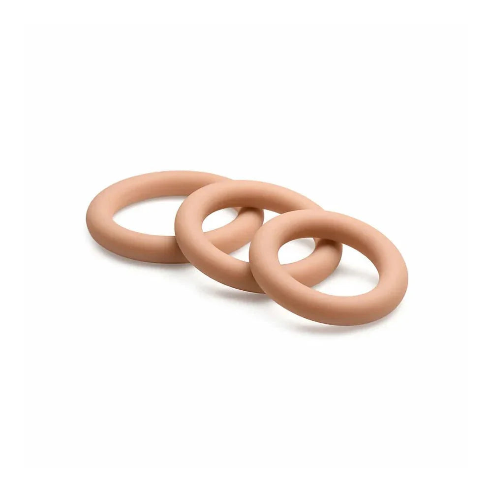 Jock Silicone Cock Ring 3-piece set in medium size with soft, skin-tone silicone rings for comfort and performance.
