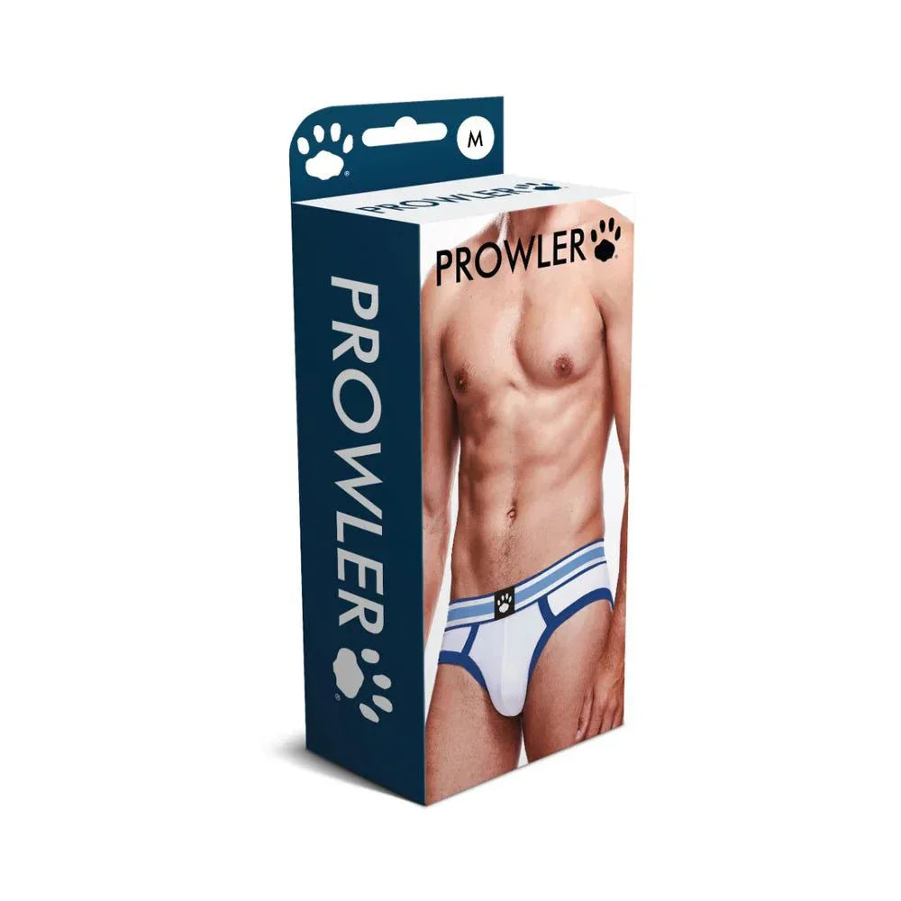 Prowler Briefs Performance Underwear for men in white with blue accents shown on packaging box, breathable and supportive design