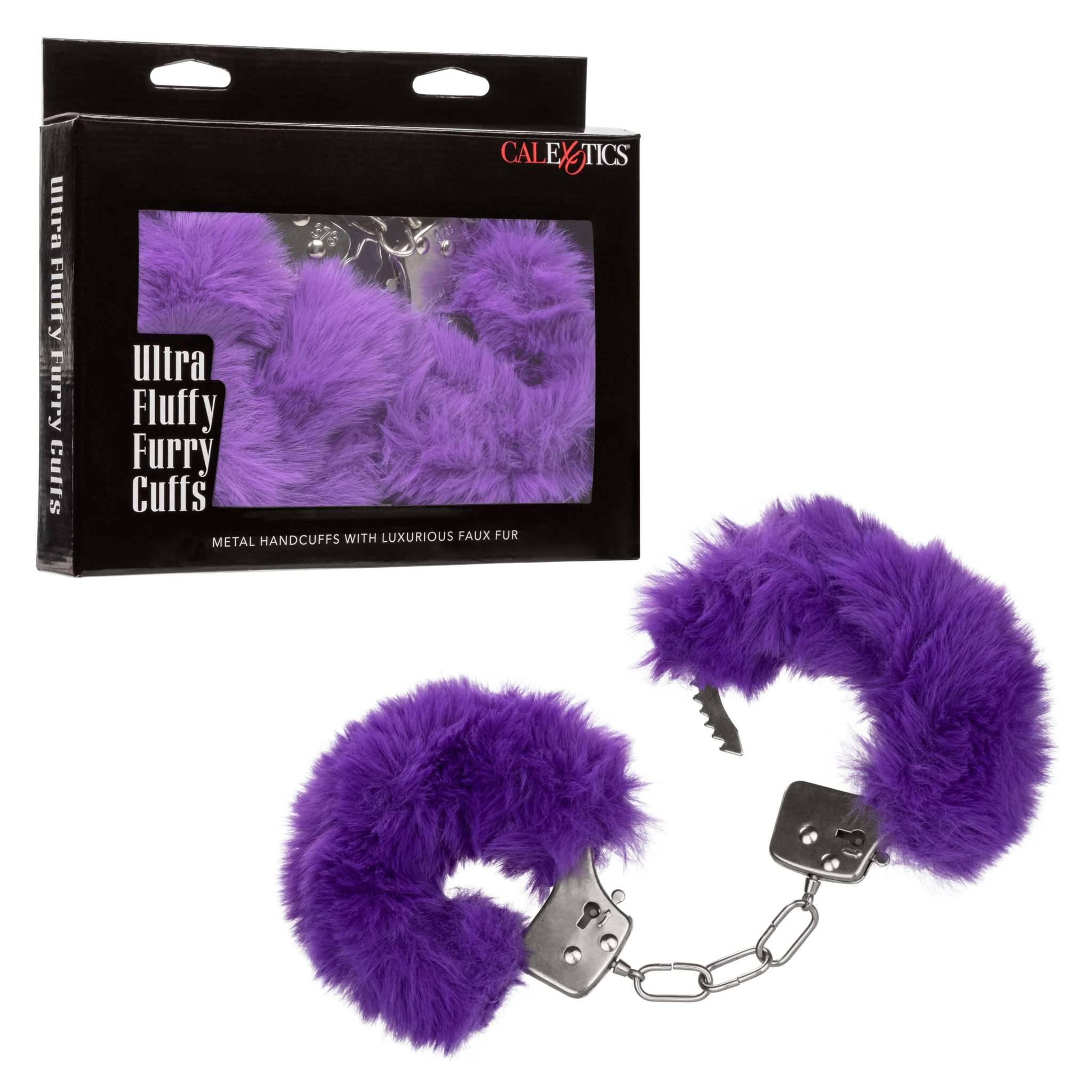 Purple Ultra Fluffy Furry Cuffs with soft faux fur and metal handcuffs in black packaging