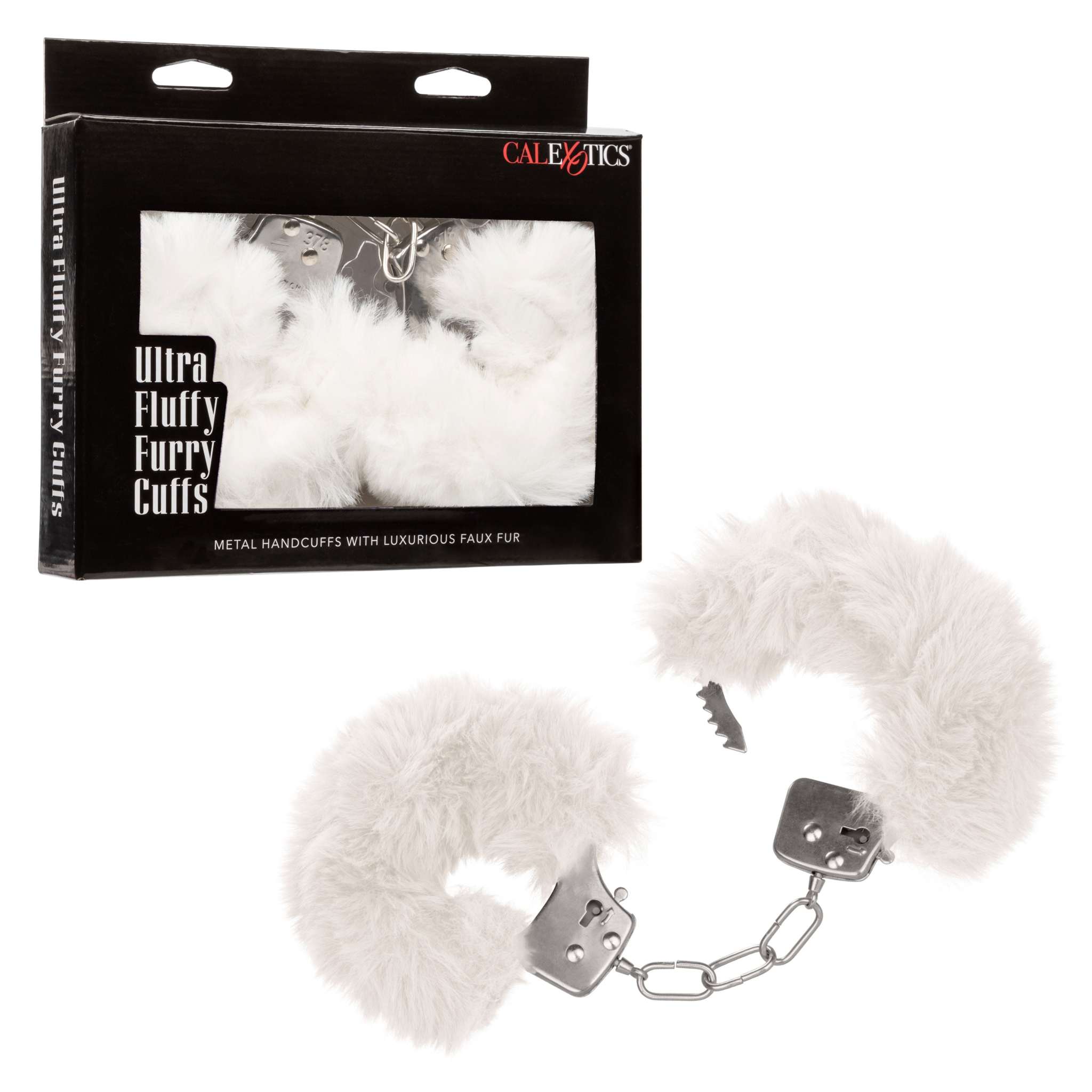 White ultra fluffy furry cuffs with plush faux fur and metal chain in packaging and outside set