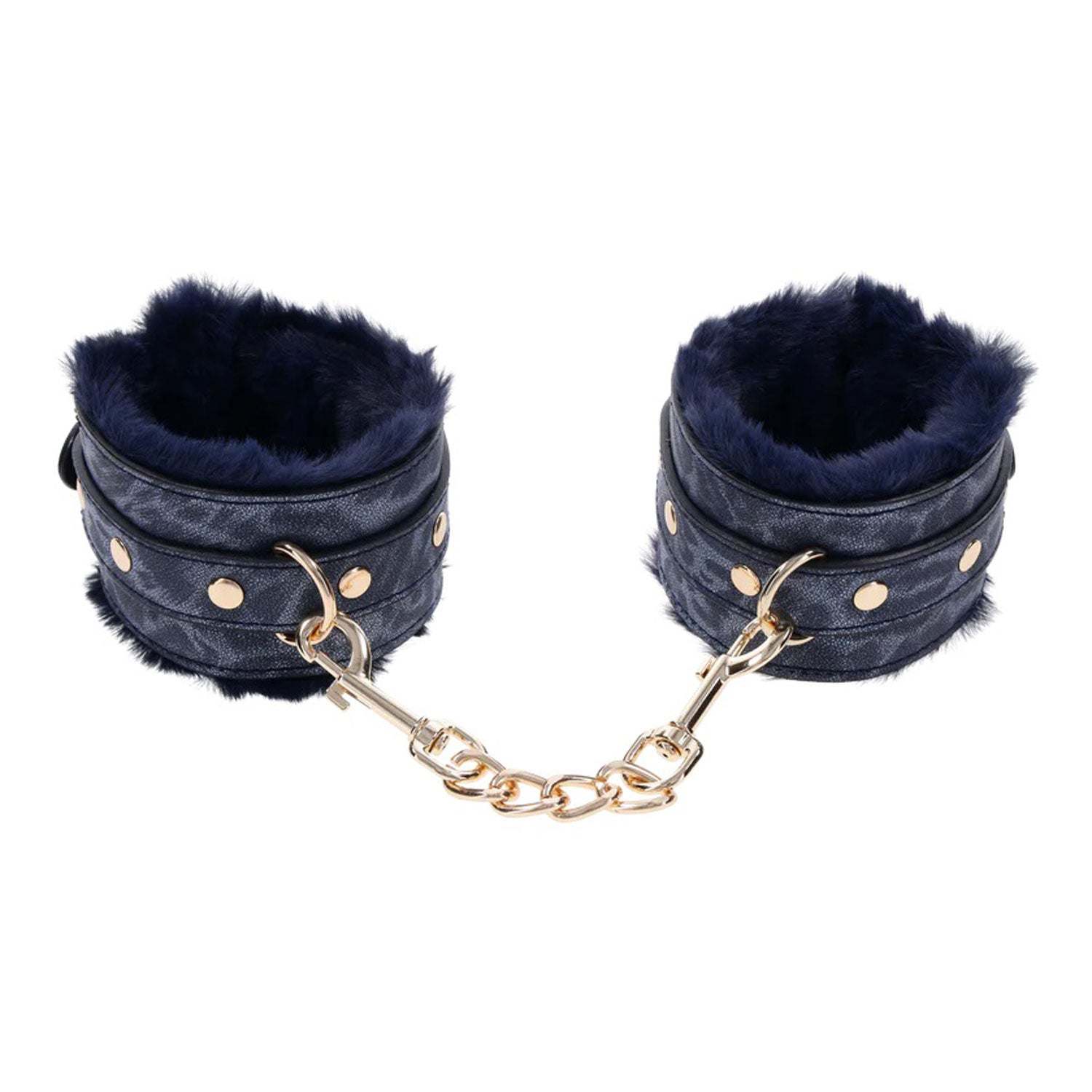 Cougar Fur Handcuffs with blue faux fur lining and gold-plated hardware for stylish, comfortable restraint.