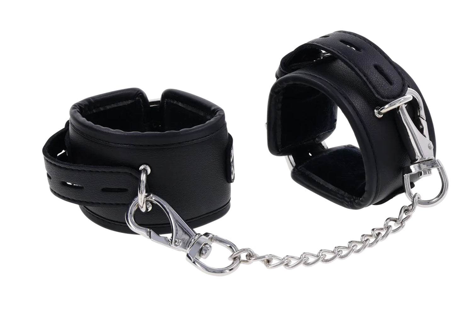 Black padded Edge Handcuffs with adjustable buckle closure, silver metal hardware, and connecting chain for secure restraint.