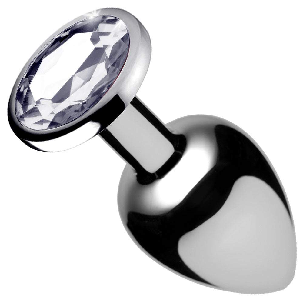 Small clear gem anal plug with tapered aluminum design and crystal jewel base for comfortable and stylish anal play.